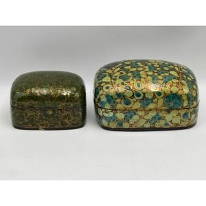 Papier Mache Trinket Box 2pc Green Floral Vintage Hand Painted cloisonne style